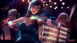  1boy 3girls artist_name black_hair blonde_hair blue_dress breasts brown_eyes brown_hair cleavage commentary concert dress earrings english_commentary hallucination holding holding_instrument holding_violin indoors instrument jewelry large_breasts long_hair mea_koenig multiple_girls open_mouth original patreon_username photoshop_(medium) ponytail profile round_teeth sheet_music solo_focus strapless strapless_dress teeth tsuaii violin watermark web_address 