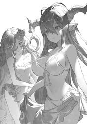  2girls anna_(granblue_fantasy) artist_request bikini breasts casual_one-piece_swimsuit cleavage danua draph frilled_one-piece_swimsuit frills front-tie_bikini_top front-tie_top granblue_fantasy greyscale hair_between_eyes hair_over_one_eye highres horn_ornament horns large_breasts long_hair monochrome multiple_girls navel official_art one-piece_swimsuit parted_lips photoshop_(medium) pointy_ears sarong scan swimsuit very_long_hair 