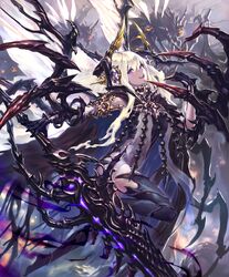  :d animal artist_request bug carapace claws cloak cygames feathered_wings female fly giant_insect gold_trim hair_ornament holding holding_sword holding_weapon horns huge_weapon leg_lift long_hair looking_at_viewer monster_girl official_art open_mouth oversized_animal purple_eyes shadowverse smile sword thighhighs very_long_hair weapon white_hair wings zebet_lady_of_the_flies 