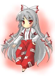  bow chibi commentary_request female fujiwara_no_mokou grey_hair hairbow hand_on_own_hip long_hair red_eyes ryou-tan+ solo suspenders touhou very_long_hair 