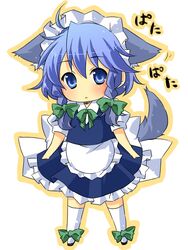  animal_ears apron blue_eyes bow braid chibi commentary_request dog_ears dog_tail female grey_hair hairbow izayoi_sakuya maid_headdress ryou-tan+ solo tail touhou twin_braids waist_apron 