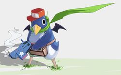  artist_request baseball_cap bat_wings beak cosplay disgaea doukutsu_monogatari fanny_pack full_body gun hat highres mini_wings no_humans official_art prinny quote_(doukutsu_monogatari) quote_(doukutsu_monogatari)_(cosplay) scarf smoke smoking_barrel solo weapon wings 