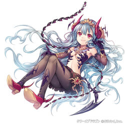  :3 armpits bare_shoulders beads blue_hair breasts commentary_request company_name demon_girl elbow_gloves eyebrows female gloves headpiece horns jewelry long_hair looking_at_viewer madogawa navel necklace oerba_yun_fang official_art original pantyhose photoshop_(medium) pleated_skirt red_eyes shoes simple_background skirt small_breasts smile solo tower_of_dragon very_long_hair white_background 