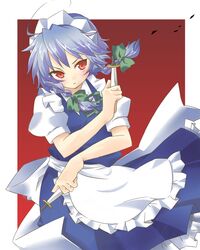  apron bow braid commentary_request female grey_hair hairbow izayoi_sakuya knife maid_headdress red_eyes ryou-tan+ solo touhou twin_braids waist_apron 