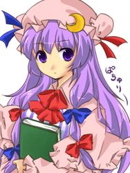  book bow commentary_request crescent female hairbow hat hat_bow long_hair patchouli_knowledge purple_eyes purple_hair ryou-tan+ solo touhou very_long_hair 