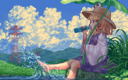  barefoot blonde_hair blue_eyes blue_sky blunt_bangs bottle cloud cloudy_sky commentary_request day drinking female from_side grass hair_ribbon hat hill holding holding_bottle horizontal_pupils leaf leaf_umbrella long_sleeves looking_away moriya_suwako on_ground outdoors power_lines purple_eyes purple_skirt ramune red_ribbon ribbon sitting skirt skirt_set sky soaking_feet solo splashing summer touhou transmission_tower tress_ribbon vest wasabichan water wide_sleeves 