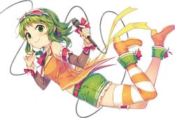  album_cover bow cable cover female full_body goggles goggles_on_head green_eyes green_hair gumi holding holding_microphone microphone natsu_natsuna ribbon short_hair_with_long_locks shorts sidelocks smile solo star-shaped_eyewear star_(symbol) striped_clothes striped_thighhighs thighhighs vocaloid white_background wrist_ribbon 