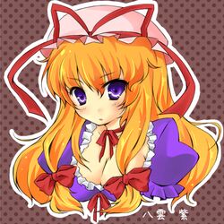  blonde_hair bow breasts choker commentary_request female hairbow hat hat_bow large_breasts long_hair purple_eyes ribbon_choker ryou-tan+ solo touhou yakumo_yukari 