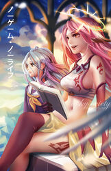  2girls alice_jing angel angel_wings animal_ears asymmetrical_legwear bird_ears blue_hair book breasts bridal_gauntlets brown_eyes crop_top feathered_wings gloves gradient_hair halo jibril_(no_game_no_life) long_hair low_wings magic_circle medium_breasts messy_hair midriff mismatched_legwear multicolored_hair multiple_girls navel no_game_no_life open_mouth pink_hair school_uniform serafuku shiro_(no_game_no_life) sideboob sitting smile spiked_halo tattoo thighhighs very_long_hair white_wings wing_ears wings yellow_eyes 