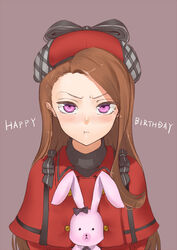  :p asymmetrical_hair black_bow blush bow brown_hair capelet commentary_request female grey_background hairbow happy_birthday hat idolmaster idolmaster_(classic) jyon long_hair looking_at_viewer minase_iori purple_eyes red_capelet red_hat simple_background solo stuffed_animal stuffed_toy tongue tongue_out upper_body very_long_hair 