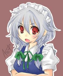  bow braid commentary_request crossed_arms female grey_hair hairbow izayoi_sakuya maid_headdress red_eyes ryou-tan+ solo touhou twin_braids 