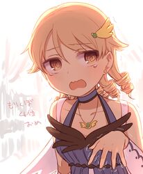  @_@ bare_shoulders blonde_hair commentary_request drill_hair earrings female hair_ornament halterneck idolmaster idolmaster_cinderella_girls jewelry looking_away morikubo_nono necklace open_mouth short_hair solo tears translation_request trembling udon_(memai_no_kabe) wavy_mouth yellow_eyes 