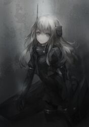  armband bad_id bad_pixiv_id chiaroscuro commentary_request cowboy_shot cropped_jacket dark dress elbow_gloves female gloves grey_background grey_eyes greyscale gyup headgear high_collar highres kantai_collection long_hair looking_at_viewer military monochrome puffy_short_sleeves puffy_sleeves short_sleeves solo thigh_strap u-511_(kancolle) 