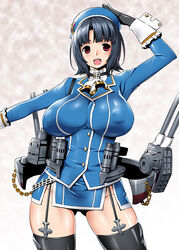  airplane_ornament arm_up ass ass_visible_through_thighs beret black_gloves black_hair black_panties black_thighhighs blush breasts buttons chains commentary_request covered_nipples female garter_straps gloves hand_on_own_head hat kantai_collection large_breasts long_sleeves looking_at_viewer machinery military military_uniform miniskirt onomeshin open_mouth outstretched_arm panties photoshop_(medium) red_eyes short_hair skirt smile solo takao_(kancolle) teeth thigh_gap thighhighs thighs turret underwear uniform 