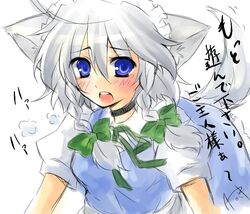  animal_ears bad_id bad_pixiv_id blue_eyes blush bow braid collar dog_ears dog_tail female grey_hair hairbow izayoi_sakuya ryou-tan+ solo tail tears touhou twin_braids 