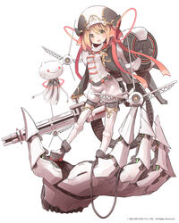  blonde_hair boots chain_gun commentary_request faux_figurine female giant_hand gun halo hat highres isegawa_yasutaka long_sleeves looking_at_viewer machinery mechanical_halo open_mouth puffy_shorts ribbon robot science_fiction short_hair shorts simple_background solo square_enix thighhighs weapon white_background white_thighhighs yellow_eyes 