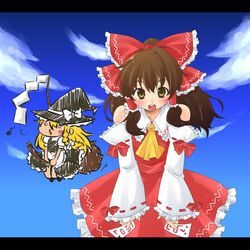  2girls bare_shoulders blonde_hair bow brown_eyes brown_hair chibi commentary_request day detached_sleeves hair_tubes hairbow hakurei_reimu hat hat_bow kirisame_marisa letterboxed multiple_girls ofuda partial_commentary ryou-tan+ sky touhou white_bow witch_hat 