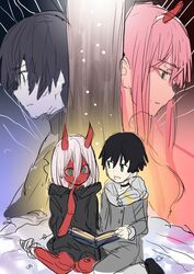  1boy :d bandage bandaged_feet bangs black_hair black_robe blush book breasts coat darling_in_the_franxx eyebrows_visible_through_hair female finger_to_mouth fingernails fur-trimmed_coat fur-trimmed_sleeves fur_trim green_eyes grey_coat hair_between_eyes hiro_(darling_in_the_franxx) hiroki_(hirokiart) holding holding_book hood hood_down hooded_robe horns long_fingernails long_hair medium_breasts no_nipples nude open_mouth parted_lips pink_hair profile red_skin robe sharp_teeth smile snow teeth tree very_long_hair zero_two_(darling_in_the_franxx) 