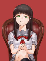  black_hair black_socks blunt_bangs commentary_request female green_eyes grey_sailor_collar hair_ornament highres interlocked_fingers jyon kneehighs kurosawa_dia long_hair looking_at_viewer love_live! love_live!_sunshine!! mole mole_under_mouth neckerchief own_hands_clasped own_hands_together red_background red_neckerchief sailor_collar school_uniform shirt short_sleeves simple_background skirt socks solo uranohoshi_school_uniform white_shirt 