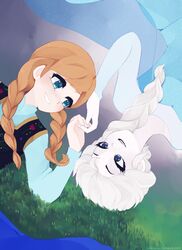  2girls anna_(frozen) blue_eyes braid brown_hair colored_skin commentary dress elsa_(frozen) english_commentary eye_contact freckles frozen_(disney) hachuu holding_hands looking_at_another multiple_girls open_mouth parted_lips rotational_symmetry siblings sisters twin_braids white_skin 