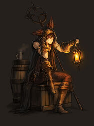  1boy animal_ears armlet barrel black_background black_gloves boots brown_footwear brown_hair cloak commentary_request cup ears_through_headwear elmott erune expressionless fingerless_gloves full_body gloves granblue_fantasy hair_between_eyes holding holding_lantern holster hood knee_boots lantern male_focus mug pants photoshop_(medium) simple_background sitting solo staff steam thigh_holster wooden_box zinnkousai3850 