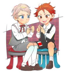  2boys aged_down bad_id bad_pixiv_id commentary_request ensemble_stars! holding holding_needle honda_aki itsuki_shu kiryu_kuro lolicon male_focus multiple_boys needle pink_hair red_hair sewing_needle short_bangs sitting thread transparent_background 