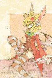  accessory anthro blonde_hair blue_eyes clothed clothing dragon female fur hair hair_accessory hair_ribbon kemono legwear mythological_creature mythological_scalie mythology pipisan ribbons scalie solo stockings yellow_body yellow_fur 