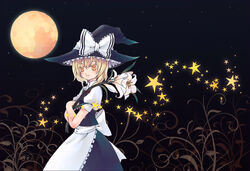  apron back_bow bad_id bad_pixiv_id black_hat blonde_hair bow closed_mouth female flower from_side full_moon hat hat_bow holding holding_flower kirisame_marisa lily_(flower) looking_at_viewer looking_to_the_side moon over_shoulder puffy_short_sleeves puffy_sleeves short_sleeves siva solo star_(sky) star_(symbol) touhou waist_apron white_bow white_flower white_lily witch_hat yellow_eyes 