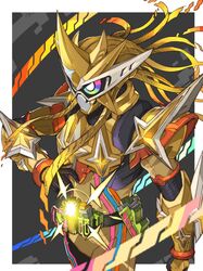  1boy armor belt belt_buckle black_background border buckle commentary_request cowboy_shot full_armor gamer_driver glowing gold_armor highres kamen_rider kamen_rider_ex-aid kamen_rider_ex-aid_(hyper_muteki) kamen_rider_ex-aid_(series) looking_away male_focus multicolored_eyes muteki_gamer outside_border power_armor rider_belt sidelocks solo standing tokusatsu tonami_kanji white_border 