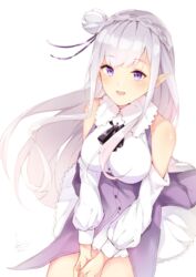  :d braid clothing_cutout commentary_request crown_braid dress_shirt emilia_(re:zero) female floating_hair flower hair_flower hair_ornament hair_ribbon hidaka_kouyou highres long_hair long_sleeves looking_at_viewer miniskirt open_mouth pointy_ears purple_eyes purple_ribbon re:zero_kara_hajimeru_isekai_seikatsu ribbon shirt shoulder_cutout simple_background sitting skirt smile solo very_long_hair white_background white_flower white_hair white_shirt white_skirt 