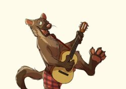  2018 4_fingers 4_toes absurd_res bottomwear brown_body brown_fur brown_tail clothed clothing digital_media_(artwork) drewzy ear_piercing feet fingers fur gloves_(marking) guitar gulonine hi_res holding_object leg_markings mammal markings marten musical_instrument mustelid musteline notched_ear on_one_leg one_eye_closed open_mouth paintfox pawpads piercing pine_marten pink_nose pink_pawpads playing_guitar playing_music plucked_string_instrument raised_leg shorts simple_background socks_(marking) solo standing string_instrument tail toes tongue topless whiskers white_background wink 