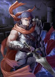  1boy baharu blue_eyes blue_hair cape commentary fire_emblem fire_emblem:_path_of_radiance fire_emblem:_radiant_dawn fire_emblem_heroes gloves headband highres ike_(fire_emblem) ike_(vanguard_legend)_(fire_emblem) male_focus night ragnell solo sword weapon 