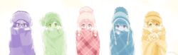  5girls :3 =_= absurdres aqua_eyes beanie blanket blue_hair canine chihuahua chikuwa_(yurucamp) dated earmuffs glasses green_eyes hat highres inuyama_aoi kagamihara_nadeshiko kuzumochiko lineup long_hair looking_at_viewer multiple_girls oogaki_chiaki pink_hair purple_eyes purple_hair saitou_ena shima_rin short_hair thick_eyebrows white_background yurucamp 