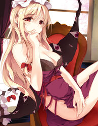  absurdres bare_shoulders black_bra blonde_hair bow bra breasts chair cherry_blossoms cleavage closed_mouth clothes_pull collarbone commentary_request curtains dress dress_pull duplicate eien_no_juu_nana-sai eyebrows female fingernails from_side gap_(touhou) hair_between_eyes hair_ribbon half-closed_eyes hand_on_own_face hand_to_own_mouth hand_up hat hat_ribbon highres indoors ke-ta_(style) lace lace_bra large_breasts long_fingernails long_hair looking_at_viewer mob_cap pixel-perfect_duplicate purple_dress red_bow red_eyes red_ribbon ribbon side_slit sidelocks sitting solo strap_slip tabard touhou tress_ribbon underwear window yakumo_yukari 