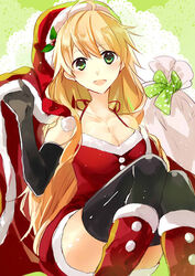  blonde_hair breasts cleavage commentary_request female gloves green_eyes hat hoshii_miki idolmaster idolmaster_(classic) long_hair machi_(machiruda) sack santa_costume smile solo 