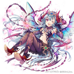  armpits bare_shoulders beads black_pantyhose blue_hair blush breasts commentary_request company_name demon_girl elbow_gloves eyebrows female gloves glowing headpiece horns jewelry long_hair looking_at_viewer madogawa navel necklace oerba_yun_fang official_art one_eye_closed original pantyhose photoshop_(medium) pleated_skirt purple_eyes shoes simple_background skirt small_breasts solo tower_of_dragon very_long_hair white_background wings 