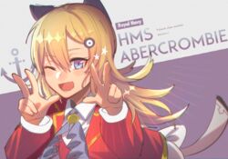  ;d abercrombie_(azur_lane) azur_lane bad_id bad_pixiv_id blonde_hair blue_eyes character_name commentary_request double_v edajima_denki female hair_ornament hairclip long_hair looking_at_viewer one_eye_closed open_mouth smile solo star_(symbol) upper_body v 