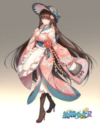  apron bag bison_cangshu black_footwear boots breasts brown_eyes brown_hair chinese_commentary commentary_request copyright_name crossed_legs female fusou_(warship_girls_r) gradient_background grey_background handbag hat high_heel_boots high_heels japanese_clothes kimono knee_boots large_breasts long_hair official_art sash solo turret very_long_hair warship_girls_r watson_cross 