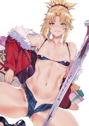  absurdres bare_shoulders bikini bikini_top_only black_footwear blonde_hair blue_eyes blush boots box breasts clarent_(fate) collarbone commentary cutoffs denim denim_shorts fate/apocrypha fate_(series) female fur-trimmed_jacket fur_trim gift gift_box grin hair_ornament hair_scrunchie highres jacket long_hair looking_at_viewer micro_bikini micro_shorts mordred_(fate) mordred_(fate/apocrypha) navel off_shoulder parted_bangs ponytail red_jacket red_scrunchie scrunchie shorts sidelocks simple_background small_breasts smile solo swimsuit sword thighs tokopi weapon white_background 