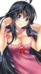  ahoge bare_shoulders black_hair blue_eyes bow breasts chinese_commentary cleavage clenched_hands closed_mouth collarbone commentary_request cross-laced_clothes dress eyebrows female hair_between_eyes highres large_breasts long_hair looking_at_viewer mixed-language_commentary netoge_no_yome_wa_onna_no_ko_janai_to_omotta? paperfinger paw_pose pink_dress red_bow red_lips simple_background sleeveless sleeveless_dress smile solo strap_slip tamaki_ako white_background 