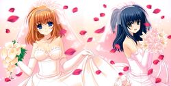  2girls absurdres aqua_eyes black_hair blue_eyes bouquet breasts brown_hair cleavage collarbone dress elbow_gloves flower fuyou_kaede gloves hair_ornament highres holding holding_bouquet jewelry long_hair looking_at_viewer medium_breasts multiple_girls necklace nishimata_aoi open_mouth petals shuffle! sideboob smile strapless strapless_dress wedding_dress white_dress white_gloves yae_sakura_(shuffle!) 