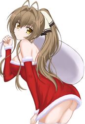  amagi_brilliant_park antenna_hair brown_eyes brown_hair commentary_request detached_sleeves female hair_ribbon highres long_hair ribbon santa_costume sento_isuzu simple_background solo thighhighs white_background white_ribbon white_thighhighs xingnai 