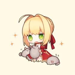  ahoge animal bad_id bad_pixiv_id blonde_hair center_opening chibi chinchilla_(animal) commentary_request dress epaulettes fate/extra fate_(series) female green_eyes munuko nero_claudius_(fate) nero_claudius_(fate/extra) red_dress simple_background 