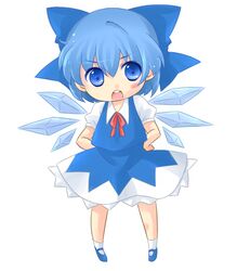  blue_bow blue_footwear blue_hair blue_skirt blue_vest bow chibi cirno collared_shirt commentary_request detached_wings female full_body hair_between_eyes hairbow hands_on_own_hips ice ice_wings looking_at_viewer mary_janes open_mouth puffy_short_sleeves puffy_sleeves ryou-tan+ shirt shoes short_hair short_sleeves skirt skirt_set socks solo teeth touhou upper_teeth_only vest white_shirt white_socks wings 