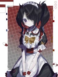  ame-chan_(needy_girl_overdose) apron bian_cheng_gou_shouhu_tuo_ma_xiansheng black_dress black_hair bow closed_mouth collared_dress cowboy_shot dress female glitch hair_over_one_eye highres long_hair looking_at_viewer maid_headdress needy_girl_overdose official_alternate_costume puffy_short_sleeves puffy_sleeves purple_eyes self-harm self-harm_scar short_sleeves solo standing sweets_paradise twintails white_apron window_(computing) wrist_cuffs yellow_bow 