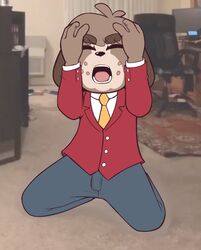  absurd_res animal_crossing anthro brown_body brown_fur brown_hair canid canine canis clothed clothing digby_(animal_crossing) distressed domestic_dog freckles fur hair hand_on_head hi_res kneeling male mammal meme necktie nintendo photo_background photography_(artwork) porldraws reaction_image screaming shih_tzu solo suit toy_dog 