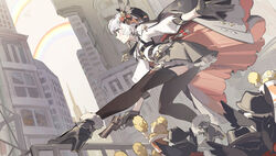  bird black_gloves black_thighhighs bow city cloak dada_(relive_project) female gloves grey_eyes grey_hair gun hair_ornament hairbow hat high_heels holding holding_gun holding_weapon relive_project revolver skirt solo tennohi thighhighs trigger_discipline virtual_youtuber weapon 