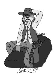  2023 anthro clothing collared_shirt countershade_face countershading cowboy_hat cowboy_outfit felid feline hand_on_head hand_on_headwear hat headgear headwear humanoid inktober inktober_2023 lynx male mammal mechanical_bull monochrome ricky_arts saddle scared_face simple_background solo topwear vest white_background 