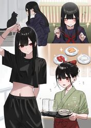  +_+ arm_behind_back black_cat black_hair black_pants black_shirt blue_sailor_collar blue_serafuku blue_shirt blue_skirt bracelet commentary crop_top crop_top_overhang cropped_shirt cup drinking_glass enokawa_kokoro_(hara_kenshi) feline female fish_(food) food hand_on_own_head hara_kenshi heart high-waist_pants highres holding holding_tray jewelry long_hair looking_to_the_side midriff multiple_views nail_polish navel navel_piercing neckerchief original pants piercing plate red_eyes red_nails red_neckerchief sailor_collar sashimi school_uniform serafuku shirt short_sleeves sideways_glance skirt sparkle stomach straight_hair tray 