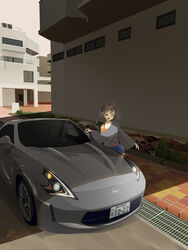  absurdres black_hair blue_shorts blush breasts brown_eyes building camisole cleavage female grass grey_shirt hair_behind_ear highres medium_breasts nissan nissan_370z nissan_fairlady_z off_shoulder open_mouth orange_camisole original shadow shirt shorts torepon twintails vehicle_focus 